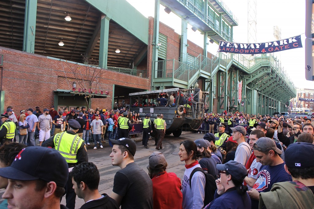 Grateful fans gather in the shadows of the Green Monster, November 2, 2013